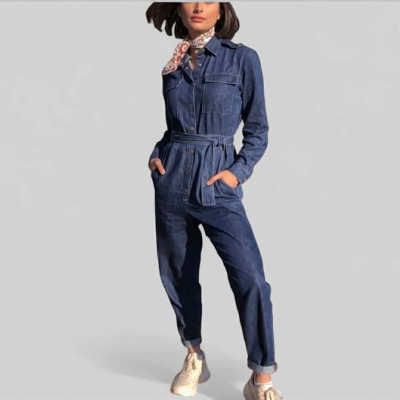 7 For All Mankind Blue Denim Long Sleeve Belted Button Front Jumpsuit Size XS - Picture 1 of 15